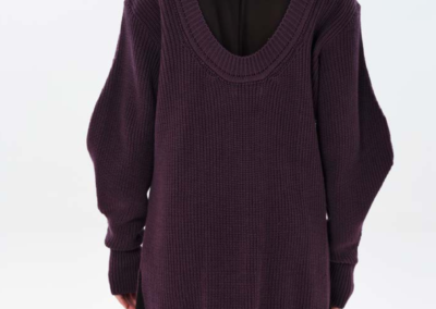Ioanna Kourbela FW23, eggplant long knit sweater with detail back