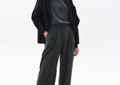 Ioanna Kourbela FW23, black jacket and charcoal pant